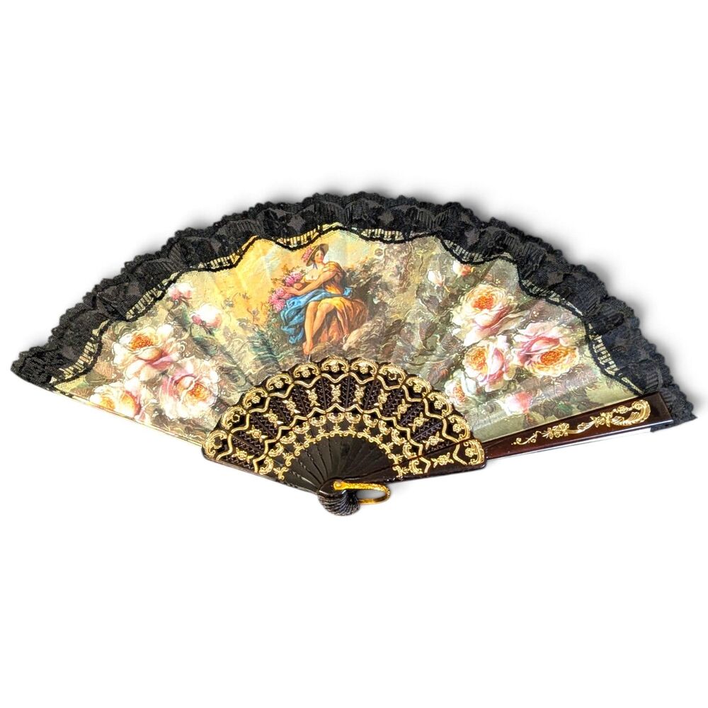 Rococo Woman with Flowers Decorative Folding Hand Fan Clear Brown Plastic Handle